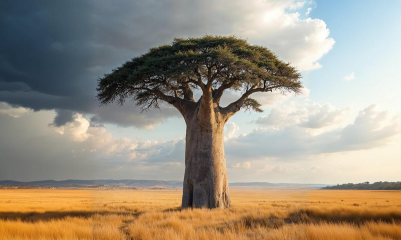 A baobab tree at sunset — illustrating the Ghanaian proverb that wisdom, like a baobab, is too vast for any one person to fully embrace