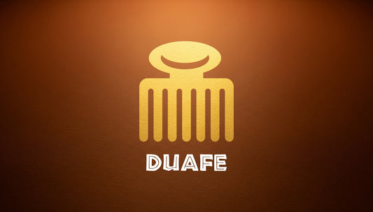 an image of the adinkra symbol, Duafe, representing feminine beauty, prudence and care. The symbol is in the shape of a comb with a stem handle
