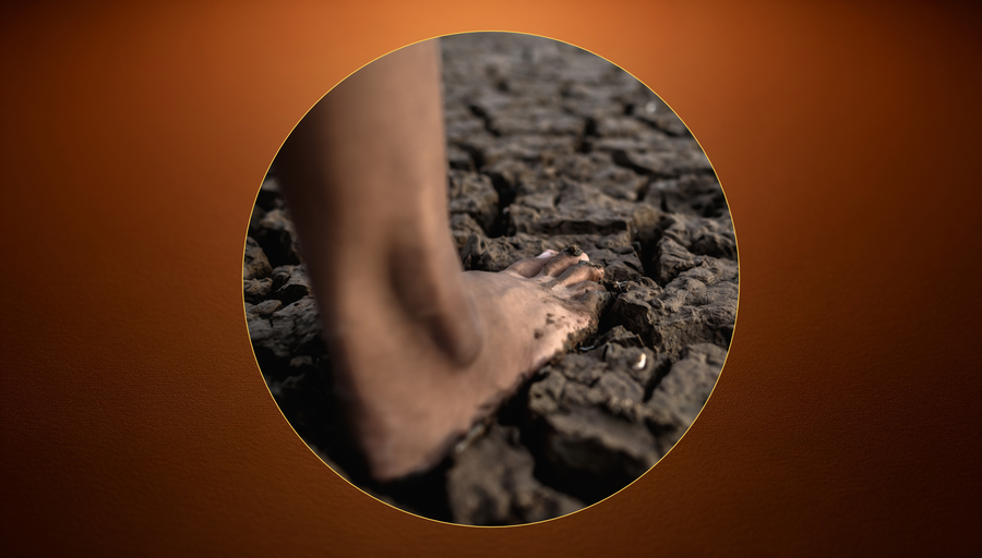 Bare feet standing on earth — representing Asase Ye Duru, the Akan teaching that the earth is not a backdrop to human life but a participant in it, heavier than all the children of the world