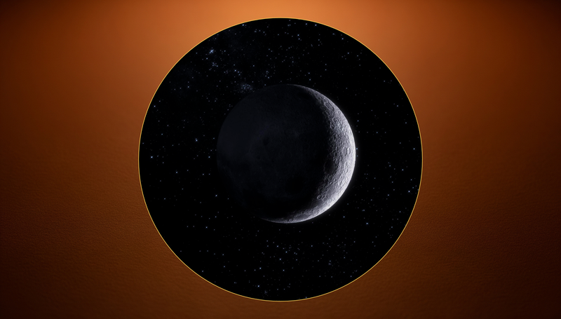 A crescent moon and a single bright star in a warm night sky above a quiet horizon